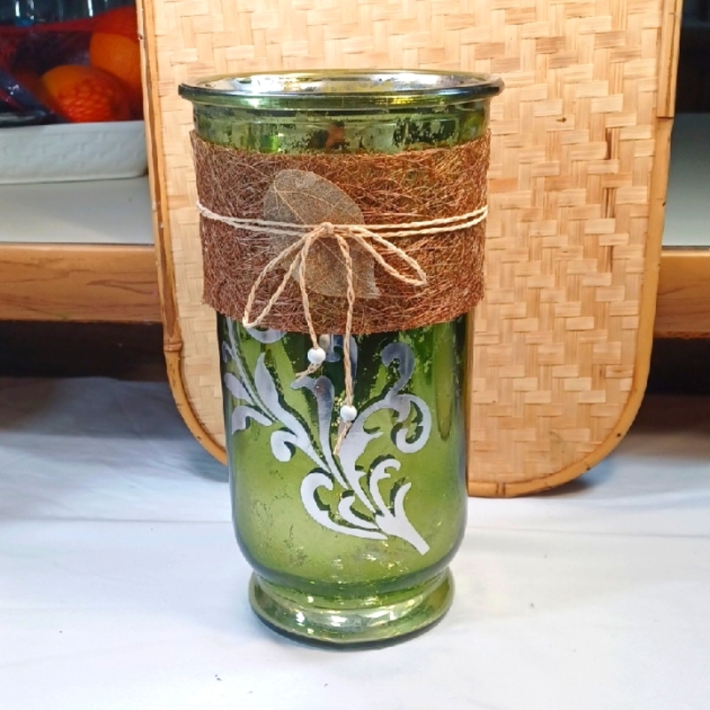 Glisten Mercury Hurricane  Green Glass Vase with Rustic Wrap 10 Tx5.5 W